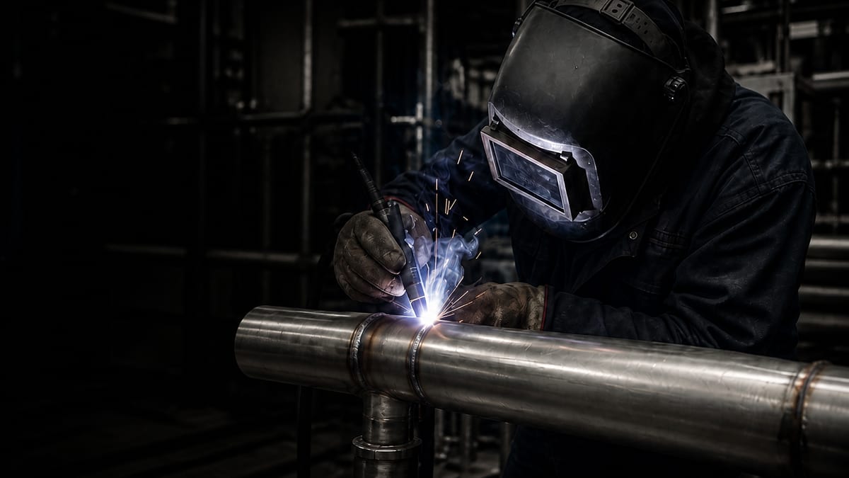 Svetsare som TIG-svetsar ett industrirör.